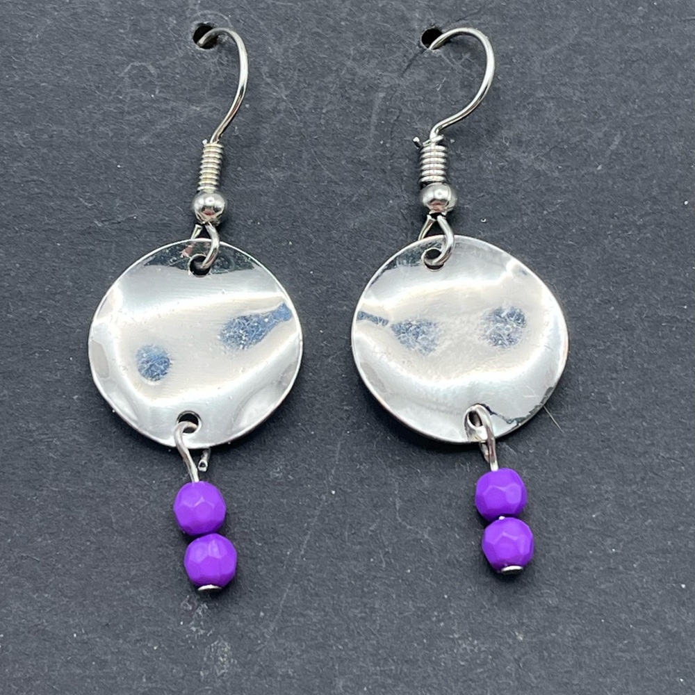 Handmade Silver Disc and Purple Bead Dangle Earrings - Boho Statement